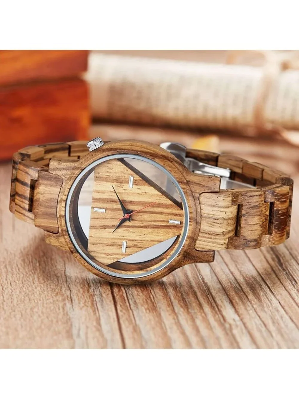 Men's Brown Classic Handmade Triangle Bamboo Analog Quartz Round Wooden Watch